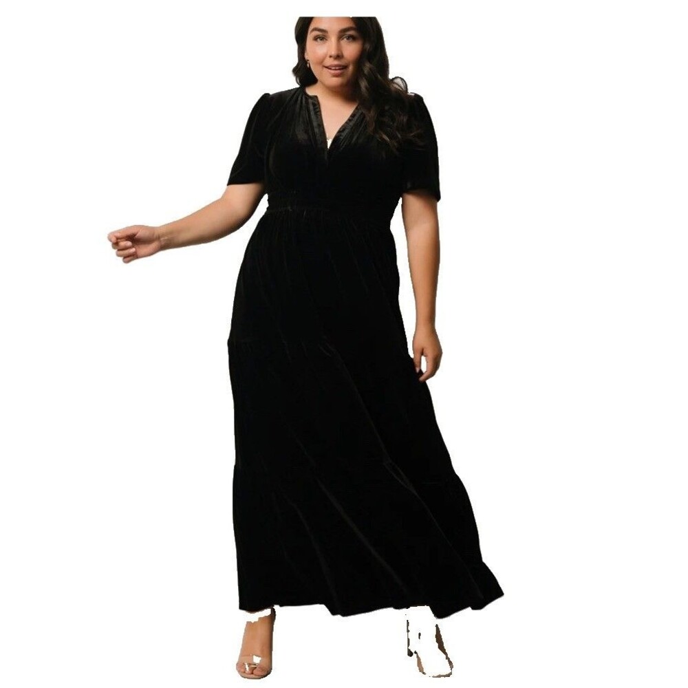 Baltic Born Size 3x Black Artemis Velvet Maxi Dress Tiered V Neck